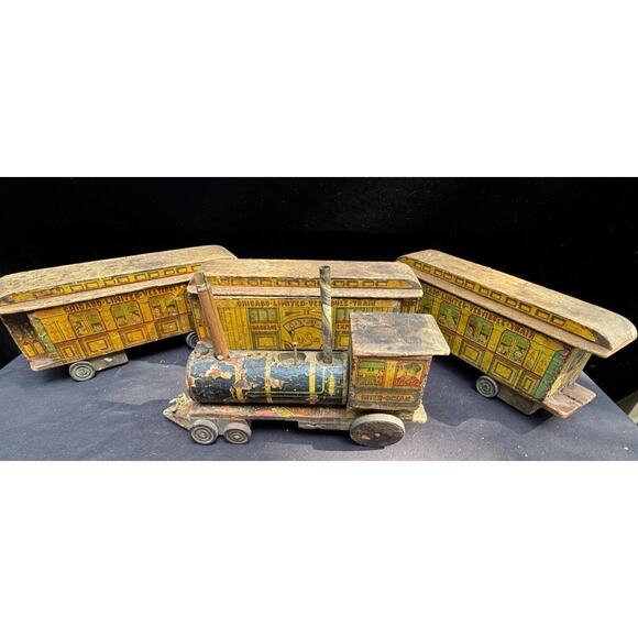 Bliss Lithograph Wood Train Set Chicago Limited Vestibule Inter-Ocean Circa 1880